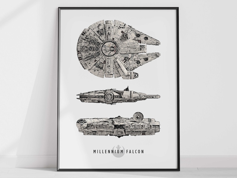 May include: A black and white line drawing of the Millennium Falcon spaceship from Star Wars. The spaceship is shown in three different views: top, side, and bottom. The text "MILLENNIUM FALCON" is printed below the image.