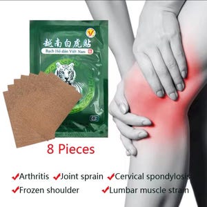 May include: A green rectangular package featuring a white tiger illustration and the text Bach Ho dan Viet Nam, accompanied by several brown adhesive patches. The text 8 Pieces is displayed below, along with a list of conditions including Arthritis.