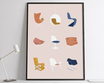 Mid Century Modern Iconic Chair Wall Art, Printable Digital Download, Neutral Furniture Print