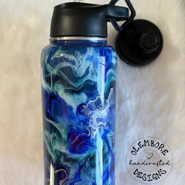 Hand Crafted Epoxy Duo Hydro Bottle - Blue Turquoise Silver Swirl Design - 32 oz. Vacuum Insulated