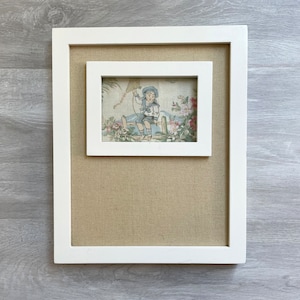 Framed Fabric Nursery Art Featuring Vintage Boy with Kite Sitting on Fence in Garden | Vintage Inspired Fabric | Linen Frame | Sailor Suit
