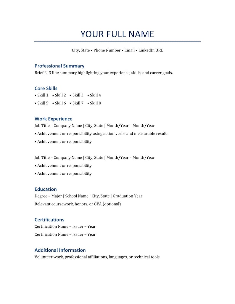 Simple Resume Template Fillable - Etsy