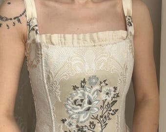 Floral Brocade Corset Custom Made – Victorian Overbust Corset Top, Renaissance Outfit, Handmade Waist Shaping Corset