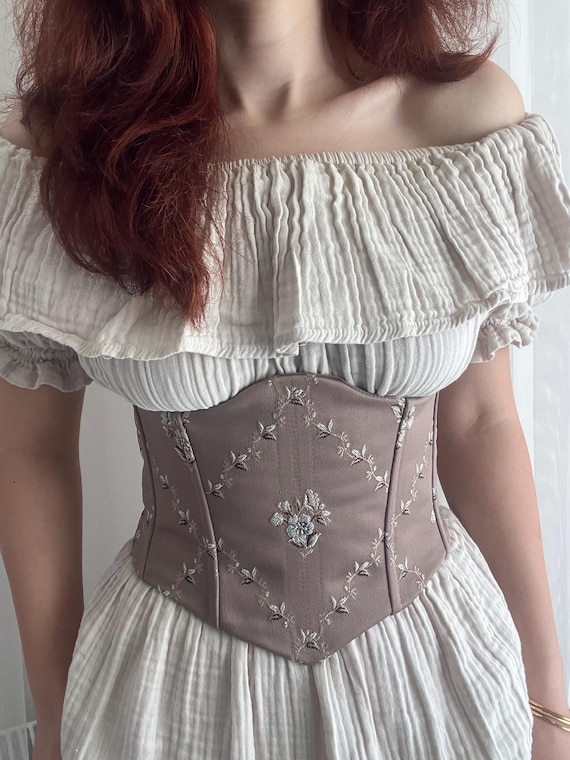 Handmade Cappuccino Floral Corset – Vintage Romantic Elegant Waist Cincher for Bridal, Festival & Boho Fashion