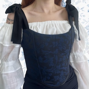 Handmade Black & Blue Floral Overbust Corset Bustier,Floral Corset,Vintage Corset,Strappy Boho Waist Training Bodice