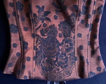 Gothic Corset, Jacquard Navy Floral, Copper Tone, Handmade, Lace Bustier, Festival Outfit