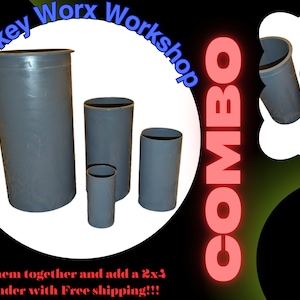 May include: A combo set of gray cylindrical containers of varying sizes. The largest container is tall and wide, while the others are progressively smaller. The word "COMBO" is in large red letters. The text "Wackey Worx Workshop" is in blue.