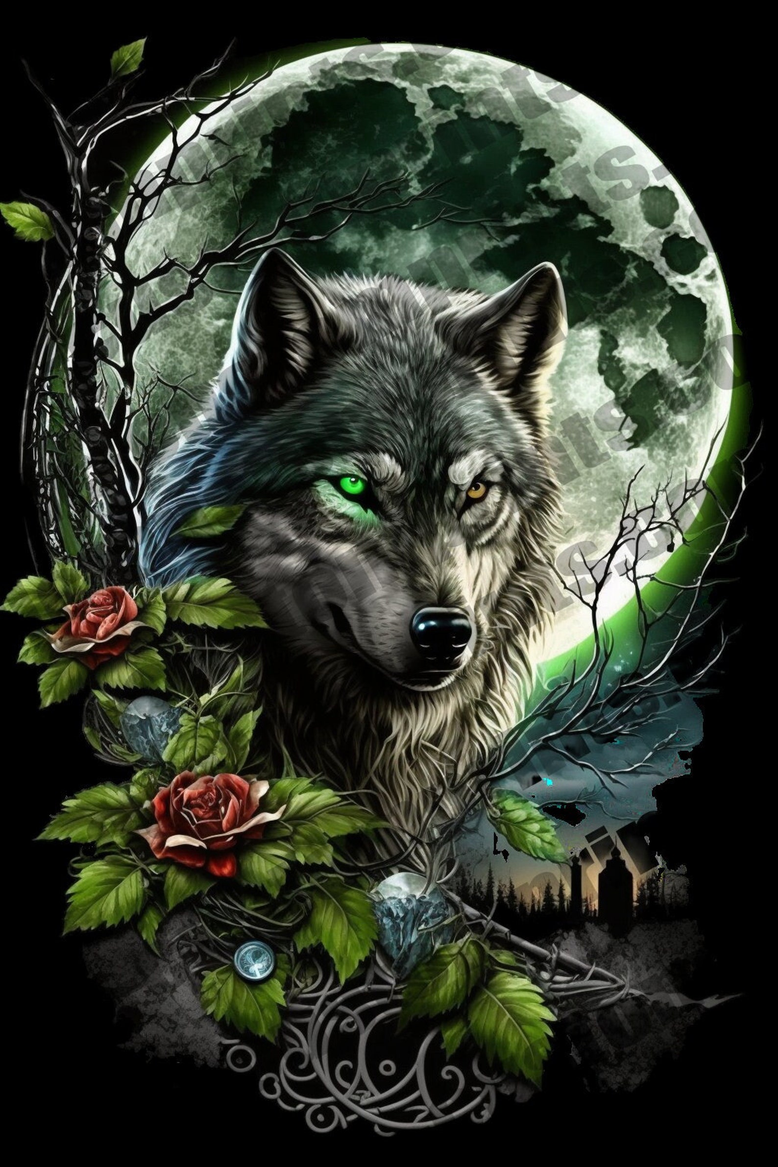 Roses and Wolf PNG Sublimation Design Download, Portrait PNG ...