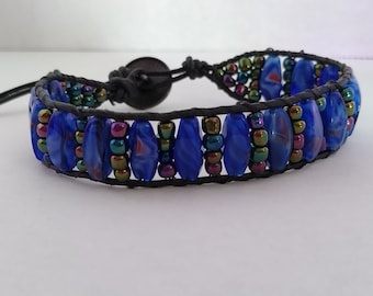 Blue Wrap Bracelet With Black Leather