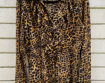 Vintage 1990s Bellissima Geometrical Leopard Print Semi-Sheer Ruffled Blouse Size Large (fits small)