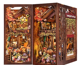 DIY Rustic Garden Book Nook Kit, 3D Wooden Puzzle with LED Lights, Bookshelf Decor