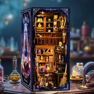 Kit de rincón de libros en miniatura para casa mágica DIY, casa de bruja de madera 3D con luces LED y decoración creativa para habitación, rompecabezas de madera, sujetalibros, regalo perfecto de Navidad.