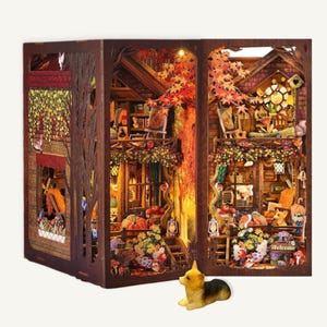 DIY Miniature Farmhouse Book Nook Kit 3D Whimsical Cottage dollhouse, Enchanting Led Light Wooden Puzzle Bookends decor, Perfect XMAS Gift