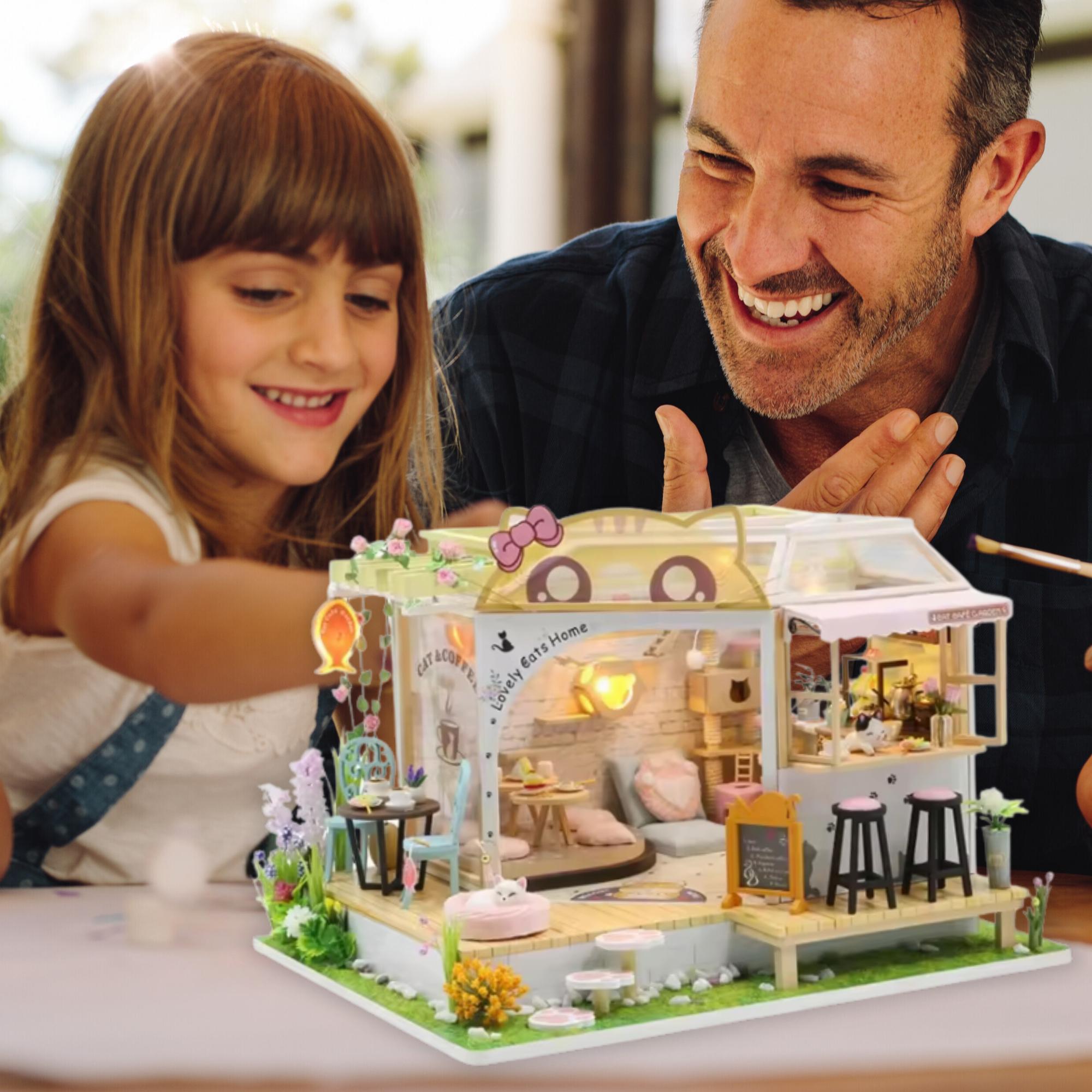 Kit fai da te - Cat Cafe - Diorama in miniatura - Casa delle bambole a LED