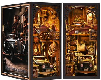 Vintage Car Garage Book Nook Kit, 3D Wooden Puzzle with LED Lights