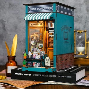 Kit de bricolaje Book Nook: Sujetalibros de madera 3D con luz LED. Sujetalibros decorativo para adultos y niños. Idea de regalo navideño para amantes de los libros.