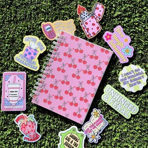 May include: A collection of colourful stickers with various designs and phrases, including "Crying Over Fictional Characters", "Live Laugh Lobotomy", "Unhinged & Feral", "Sounds Like a You Problem", "Sorry I Left You on Read I Didn't Mean It", "I Can't So Out Tonight My Tummy Hurts", "The Shake", "Disco Strawberry", "Keep The Flowers But We Need Books", and a lighter with a cherry pattern. The stickers are arranged on a pink notebook with a cherry pattern.
