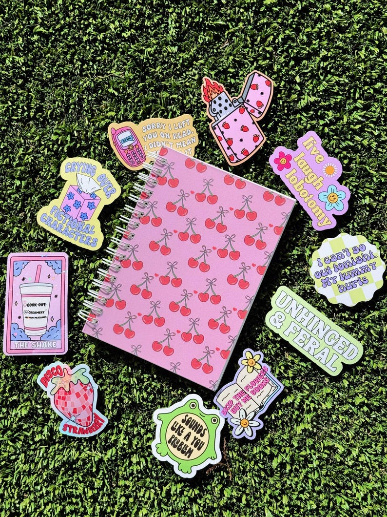 May include: A collection of colourful stickers with various designs and phrases, including "Crying Over Fictional Characters", "Live Laugh Lobotomy", "Unhinged & Feral", "Sounds Like a You Problem", "Sorry I Left You on Read I Didn't Mean It", "I Can't So Out Tonight My Tummy Hurts", "The Shake", "Disco Strawberry", "Keep The Flowers But We Need Books", and a lighter with a cherry pattern. The stickers are arranged on a pink notebook with a cherry pattern.