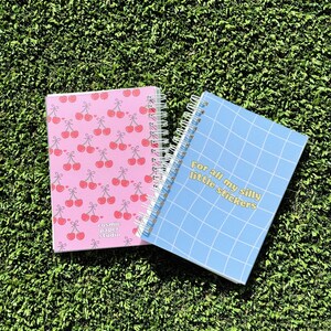 May include: Two spiral bound notebooks. One is pink with a cherry pattern and the text "cosmic paper studio". The other is blue with a grid pattern and the text "For all my silly little stickers".