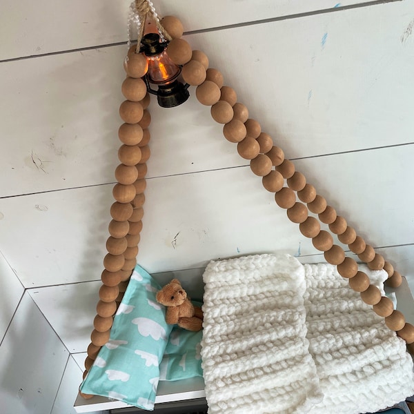 Wall hanging beds for Blythe dolls.. charming doll bed natural and pink beads.. Handmade tufted mattress with matching pillow and blanket.