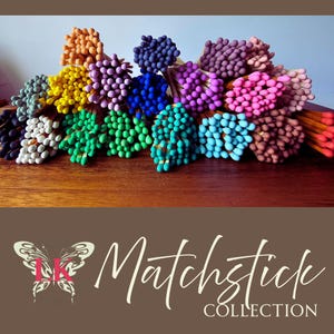 May include: A collection of colorful matchsticks arranged in a semi-circle on a wooden surface. The matchsticks are in various shades of blue, green, purple, pink, yellow, orange, and brown. The text "Matchstick Collection" is visible at the bottom of the image.