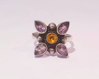 Silver Flower RING with Amethysts and Citrine 800 Vintage Size ca. 16.5mm US SIze 6-6.5 GB Size M-N