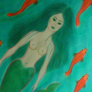 ORIGINAL  PAINTING &quot;MERMAID&quot; by Shazadi natural Watercolors with mixed Media on Japan Paper Mermaid Fairytale Children&#39;s room Nursery