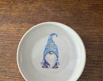 Gnome with blue star hat. Tiny Ring Dish. Handmade ceramic