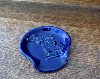 Handmade Michigan Spoon Rest: Cobalt Blue Glazed Ceramic