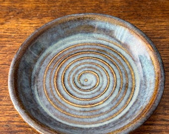 Handmade Ceramic Ring Dish: Blue Brown Spiral Glaze, Artist Signed