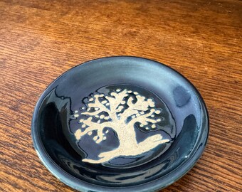 Tree of Life Ring Dish: Handmade, hand glazed. Microwave and dishwasher safe. Blue/brown glaze over brown clay.   Artist signed