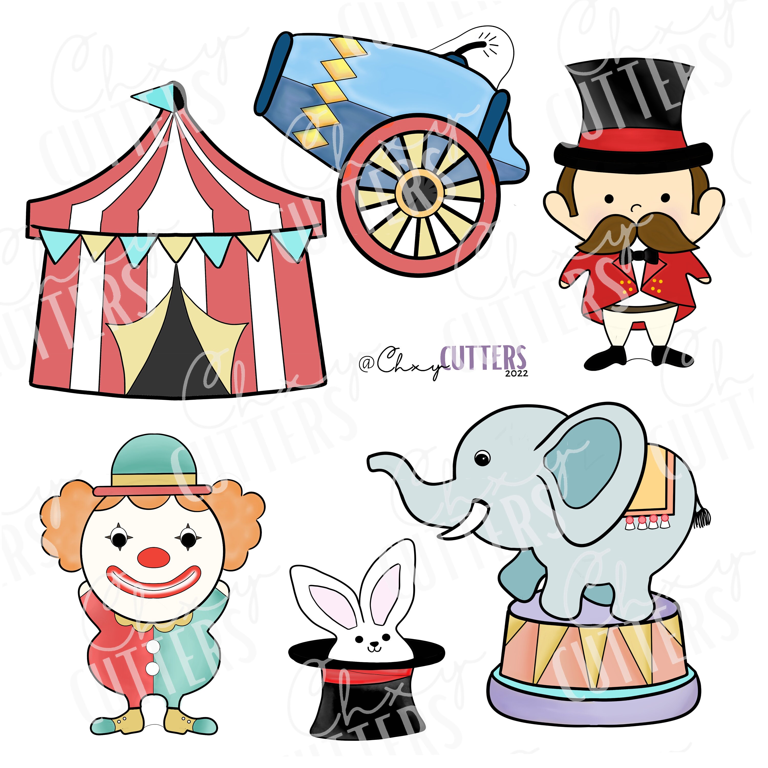 CIRCUS CUTTERS SET: Ring Master, Elephant, Tent, Rabbit in a Hat, Clown ...