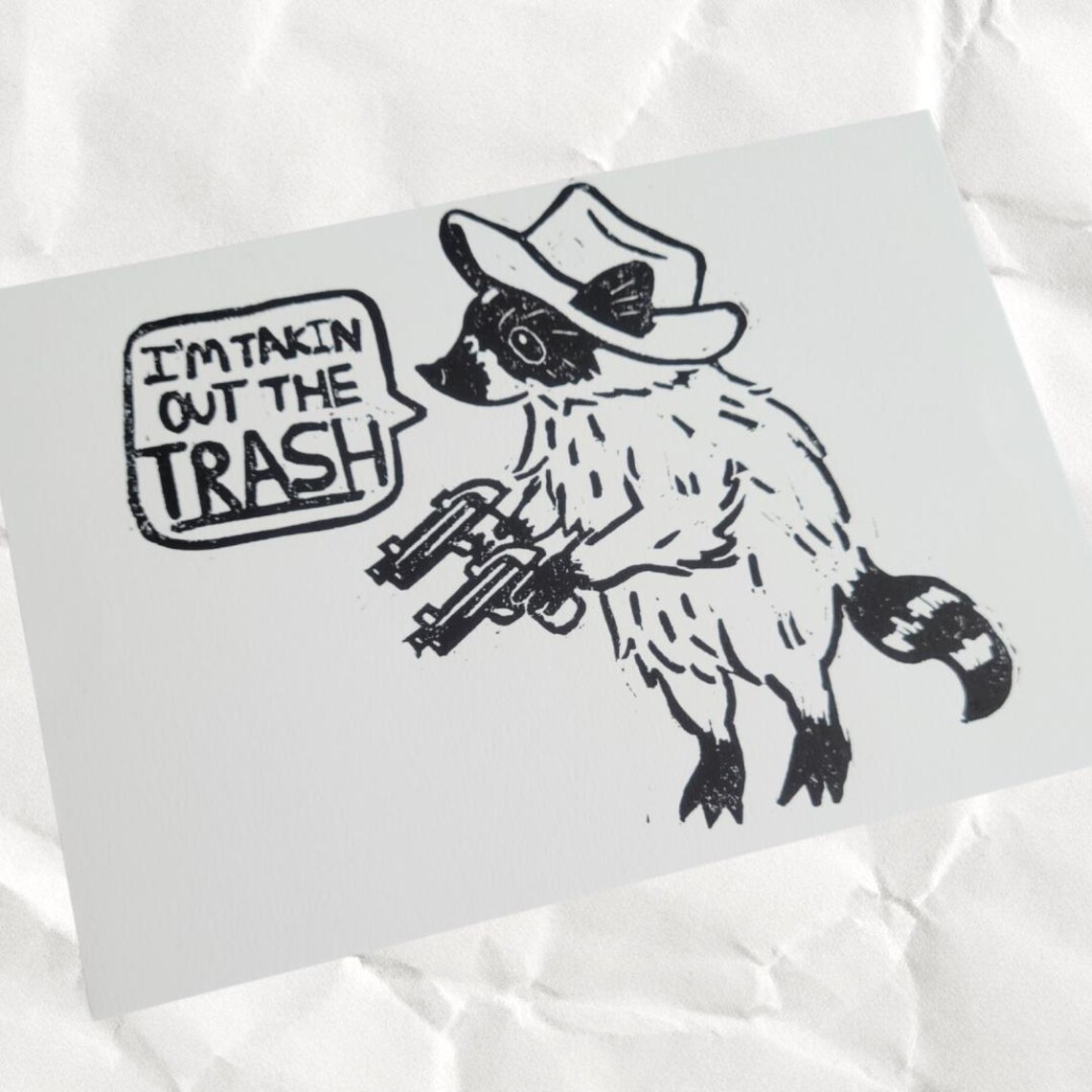 Trash Raccoon Linocut Print, Funny Raccoon Art (5x7