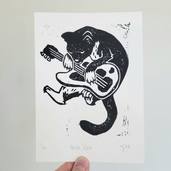 Bass Cat Linocut Print 5x7", cute cat stickers, cat print, cat themed gifts, kitty art, cute cat print, black cat, print, linocut print