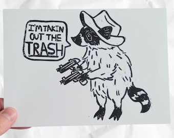 Trash Raccoon Linocut Print, Funny Raccoon Art (5x7")