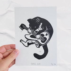 Bass Cat Linocut Print 5x7&quot;, cute cat stickers, cat print, cat themed gifts, cat art print, tuxedo cat, linocut print, funny cat gift, print