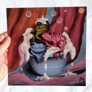 Badkikkers Art Print 8 x 8&quot;, kikkerkunstprint, kikker kunst aan de muur, kikker kunstprint, kikker cadeau, badkamerinrichting, grappige kikker kunst aan de muur, eigenzinnige muurkunst