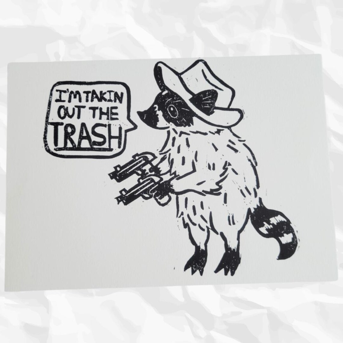 Trash Raccoon Linocut Print, Funny Raccoon Art (5x7
