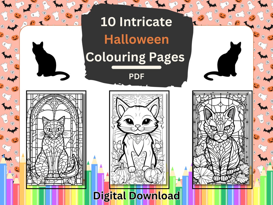 10 Stained Glass Cats: Halloween Coloring Pages for Focus & Fun Adult ...