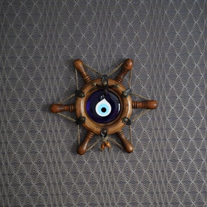 Pirate Wood Ship Wheel, Ship&#39;s Rudder, Ship Helm, Greek Evil Eye Bead Wall Hanging, Evil Eye Charm, Aestetic Wall Decor, New Apartment Gift.