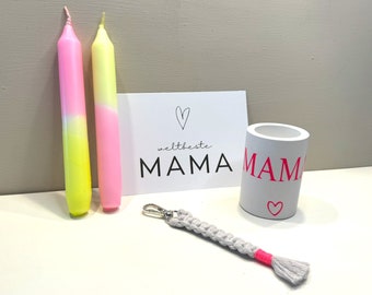 Coffret Fête des Mères Rose Fluo I Porte-clés I Bougeoir Bâton Bougie et Photophore I Dip Dye Stick Bougie I Carte MAMA I Boîte Colorée I Couleurs Néon