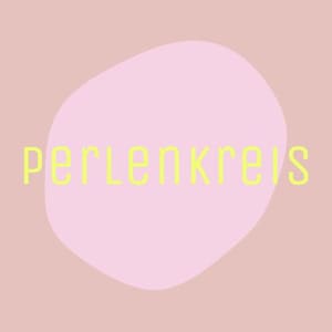 May include: A graphic design featuring the word "perlenkreis" in a neon yellow font. The text is centered over a light pink, organic-shaped blob, set against a muted rose background.