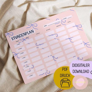 May include: A pink Stundplan, or timetable, with a grid layout for scheduling classes. The design includes blue bow illustrations and text in German. Additional graphics indicate a PDF download.