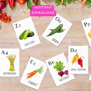 Printable Alphabet Cards, Vegetable name, Montessori Cards, Veggie Flashcards, Preschool alphabet, Homeschool Flashcards, Preschool alphabet