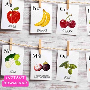 Printable Alphabet Cards, Fruit names, Montessori Cards, kids Flashcards, Fruit flashcards, Homeschool Flashcards, Preschool alphabet