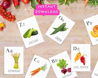 Vegetable Alphabet Flashcards: Montessori Homeschool Cards (Digital Download)