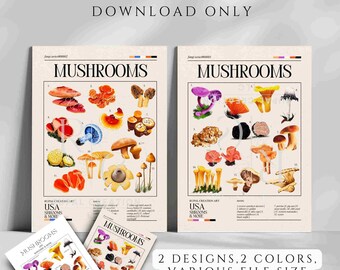 Digital Colorful Mushroom Wall Art - Cafe decor - Kitchen decor - Digital Download - Whimsical Botanical Poster - Cottagecore Printable Art