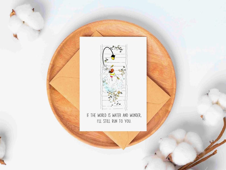 Greetings card with an illustration of Chihiro from Spirited away, Ghibli movie. She is running on rail tracks, which are under water, along with a walking street lamp. The card has a minimalist vibe with a phrase under the image that says " If the world is water and wonder, I will still run to you". The back of the card also has a phrase that says " Even through the quiet and the unknown, I'd follow you anywhere- step by step, heart by heart". It is a Studio Ghibli fan art greetings card.