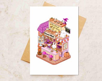 Handmade Witch Cafe Halloween Greetings Card, Ghost Autumn Note