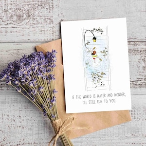 Greetings card with an illustration of Chihiro from Spirited away, Ghibli movie. She is running on rail tracks, which are under water, along with a walking street lamp. The card has a minimalist vibe with a phrase under the image that says " If the world is water and wonder, I will still run to you". The back of the card also has a phrase that says " Even through the quiet and the unknown, I'd follow you anywhere- step by step, heart by heart". It is a Studio Ghibli fan art greetings card.